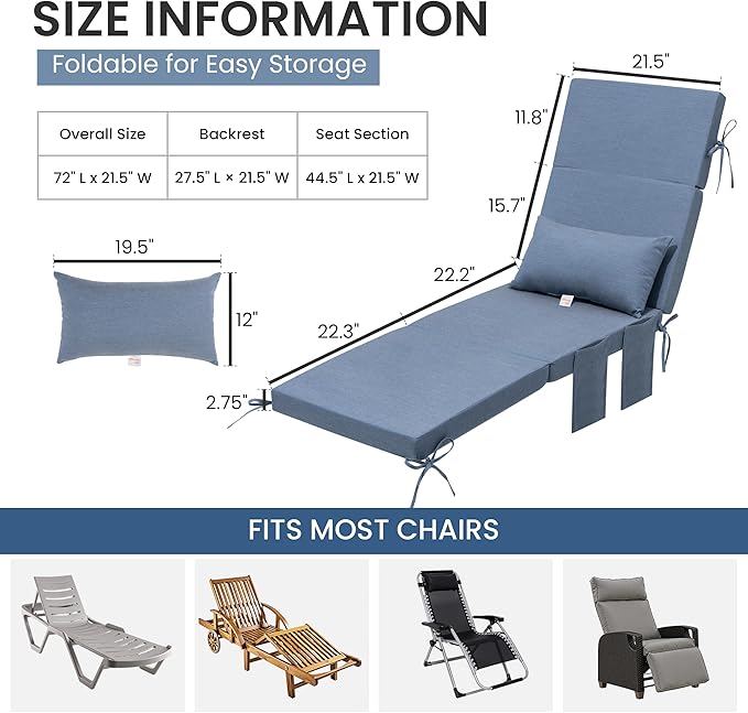 Crestlive Products Sunbrella Foldable Outdoor Chaise Lounge Cushions with Head Pillow and Side Pockets,Water Repellent & Fade Resistant Lounge Chair Cushion, 72''L x 21''W, Set of 2, Denim Blue