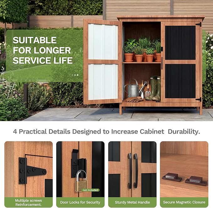 Greesum Outdoor Storage Cabinet with Adjustable Shelf, Wood & Metal Garden Storage with Lockable Doors, Weatherproof Shed for Tools, Lawn Equipment, Pool Accessories, Black