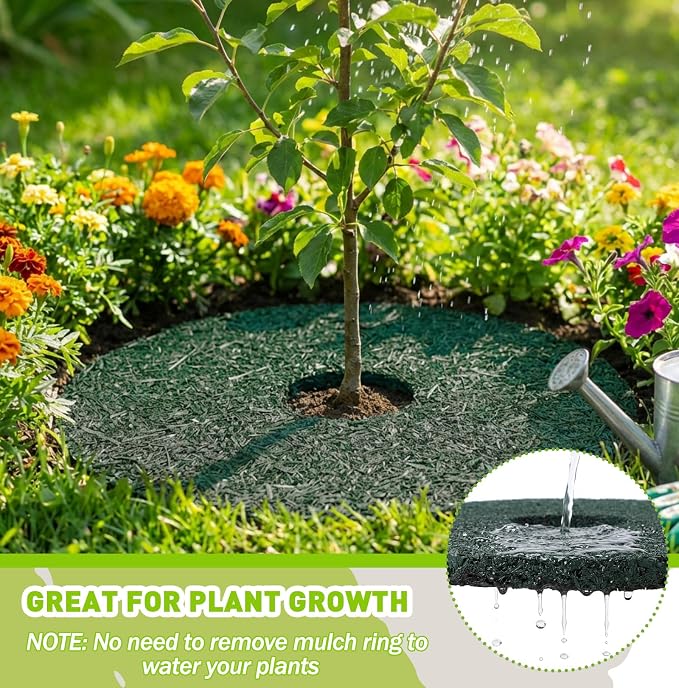Peryiter 12 Pcs Double Side Rubber Mulch Tree Ring, Heavy Duty Rubber Mulch Mat, Tree Root Protector Mat Reversible Round Root Ring Weed Barrier for Prevent Animal Dig (Green)