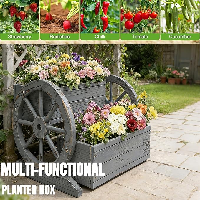 2 Tier Classic Wooden Wagon Planter Box|Outdoor Planter/Flower Pot for Indoor&Outdoor Plants-Rustic Garden Planter for Patio,Porch&Garden Decor-Raised Garden Bed for Succulents,Herbs,Vegetables