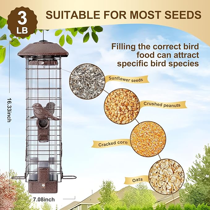 Squirrel Proof Bird Feeder for Outdoors Hanging, 3LB Large Capacity Metal Wild Feeder with Gravity Protection, 4 Ports, Durable & Weatherproof for Cardinals, Chickadees, Backyard Bird Watching