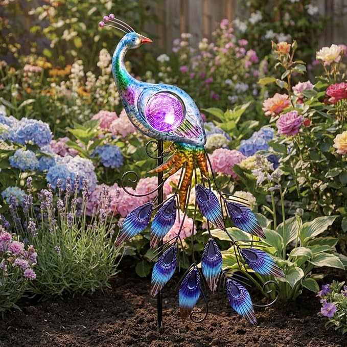 TERESA'S COLLECTIONS Yard Decorations Outdoor & Garden Decor for Outside, Peacock Solar Outdoor Lights, Metal Lawn Ornaments with Crackle Glass Ball, Decorative Stake Gifts for Mom,33''