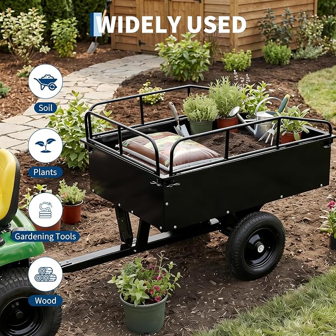 Garvee 750LB Heavy Duty Garden Dump Cart, 15 Cu ft Garden Trailer Steel Garden Cart with Removable Sides, Utility Wagon Tow Behind ATV UTV Lawn Mower Tractor, Foot Pedal Quick Dump