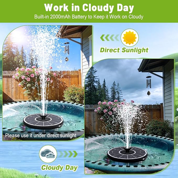 Solar Fountain with 3 Spray Height, Works in Shade, 3.5W Glass Solar Bird Bath Fountains with 2000mAh Battery and 4 Rotating Rods, 7 Nozzles, Outdoor Water Fountain Pump for Garden, Pool, Pond