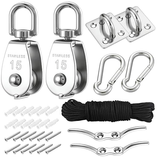 2 Sets M15 Cable Pulley System for Lifting Hanging, Including Heavy Duty Stainless Steel Single Pulley Block with 66FT Nylon Rope, Snap Hooks, Eye Pad Plate, Rope Cleat Hook, Loading 77lb