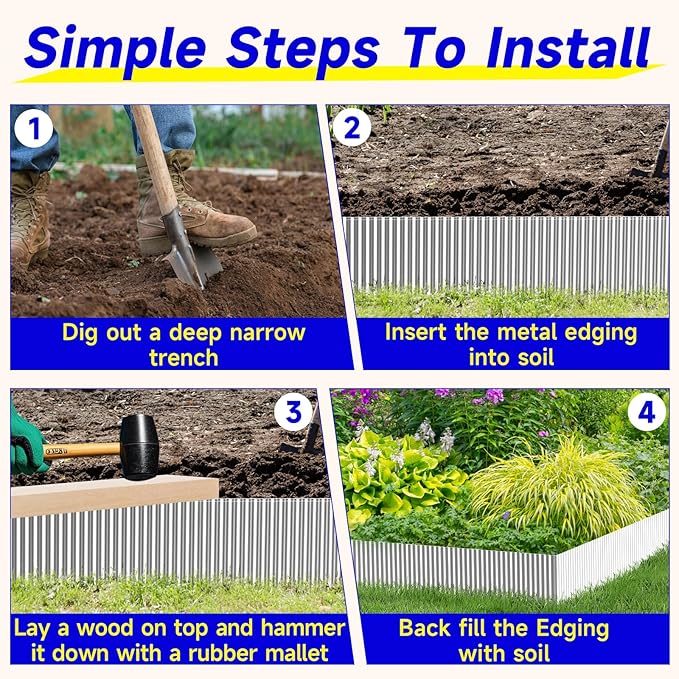 Corrugated Garden Edging,6"×20Ft Galvanized Steel Landscape Edging & Lawn Edging Border,Metal Garden Border for Flower Beds,Garden,Lawn,Raised Beds & Tree Surrounds(Silver)