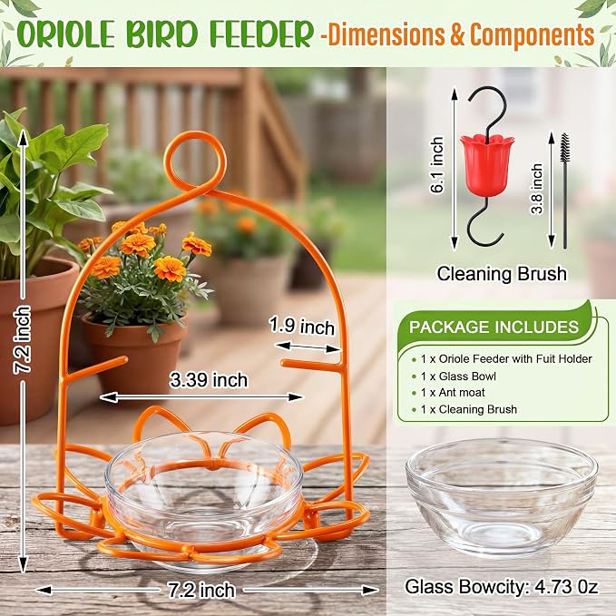 Oriole Bird Feeder for Outdoors, Metal Baltimore Oriole Feeder with Jelly Cup, 2 Orange Pegs, Ant Moat & Cleaning Brush, Hanging Bird Feeders for Outdoors for Backyard & Garden(1 Pack)