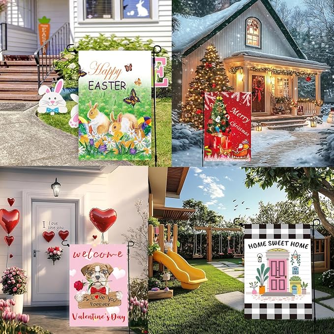 Seasonal Garden Flags Set of 12, 12 x 18 Inch Double-Sided Yard Flags for Spring Summer Fall Winter and Holiday Decorations, Weather Resistant Outdoor Welcome Flag Set (No.1)
