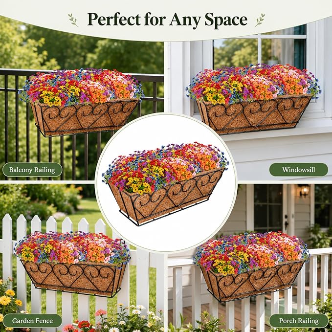 ZeeDix 16 Inch Railing Planter Box with 12 Pack Artificial Fake Flowers | Fake Silk, UV Sun Resistant, Look Real Colorful Flowers for Deck Porch Patio Balcony Garden Home Outdoor Outside Decoration