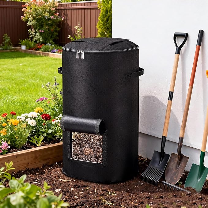 Compost Bins Outdoor with Observation Windows, 34 Gallon Reusable Home Compost Bucket for Outside Garden, Backyard, Heavy Duty Nonwoven Fabric Yard Waste Bag (1 Pack, Black)