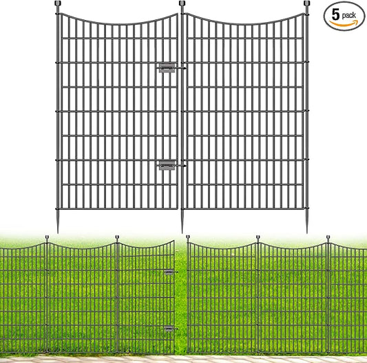 5 Panels Decorative Garden Fence with Gate, 48 in(H) X 11.8 ft(L) No Dig Dog Fence Animal Barrier Outdoor for Yard, Rustproof Metal Garden Edging and Borders, Temporary Fencing Stakes
