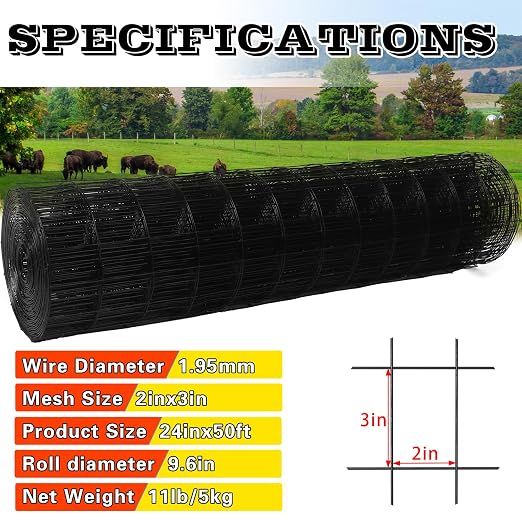 Welded Wire Fence 24inx50ft, 16GA, Mesh Size 2" x 3" Black Hardware Cloth, Chicken Wire Fence, PVC Coated Garden Border Fencing, Vinyl Coating Metal Wire Mesh for Yard, Dog Vegetable, Plant