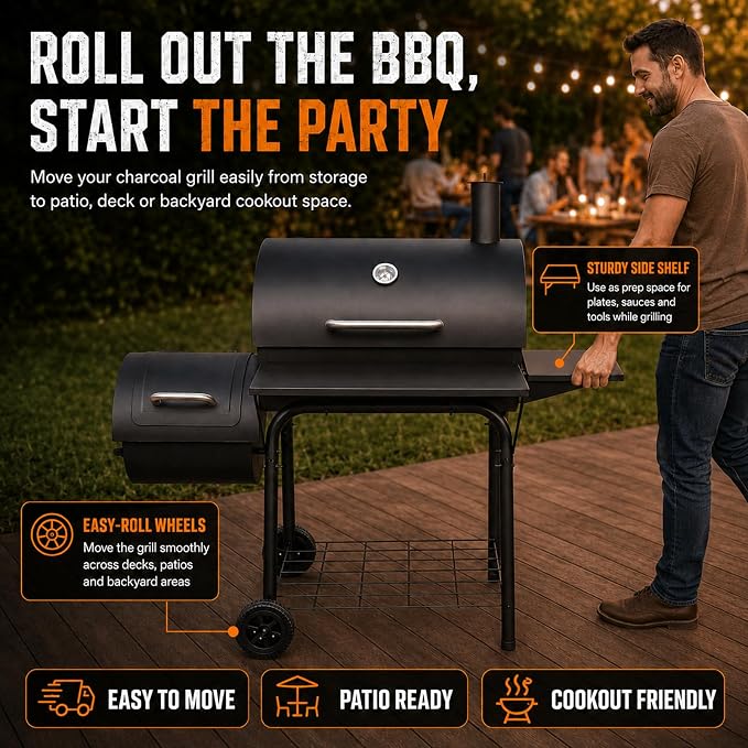 Realcook Charcoal Grill with Offset Smoker: Spacious Barrel Charcoal Grills with 800 Sq. In. Cooking Space - BBQ Offset Smoker Combo for Backyard Parties Weekend Barbecues Gatherings