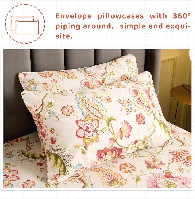 QSH 100% Egyptian Cotton Sheets Cal King Size, Red Yellow Flowers Leaves Pattern Botanical Printed Flower Bedding Sheets, 4pcs Deep Pocket Bed Sheet Set
