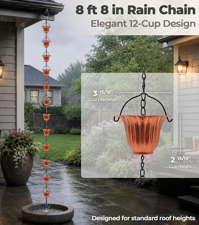 Copper Rain Chain for Gutters, 12 Cup Tulip Decorative Water Feature, 8FT 8IN Adjustable Metal Chain Rain Diverter for Outdoor Garden Décor with Crystal Accent