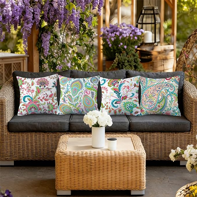 NIGHTWISH Outdoor Waterproof Pillow Covers 20x20 Set of 4 Spring Summer Floral Boho Decorative Outdoor Throw Pillows Paisley Cushion Cases for Patio Furniture Bench Couch Sunbrella