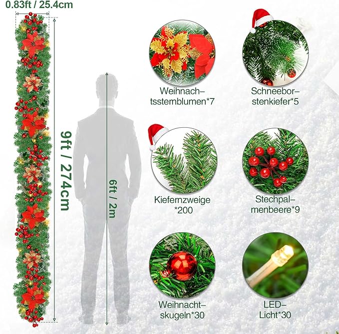 Christmas Garland,Christmas Garland with Lights Battery Operated,9 ft Rattan Artificial Flower Vine Plants Xmas Decorations for Indoor Outdoor Home Mantel Fireplace Stairs
