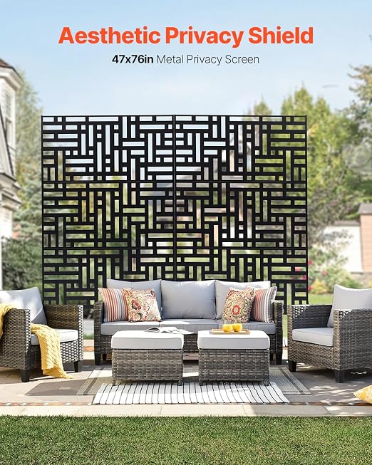 VEVOR Metal Privacy Screen, 47" W x 76" H, Outdoor Privacy Screens 3-Panel, Freestanding Outdoor Divider with Stand, Decorative Garden Steel Privacy Fence for Balcony Patio Indoor Room Hot Tub Black