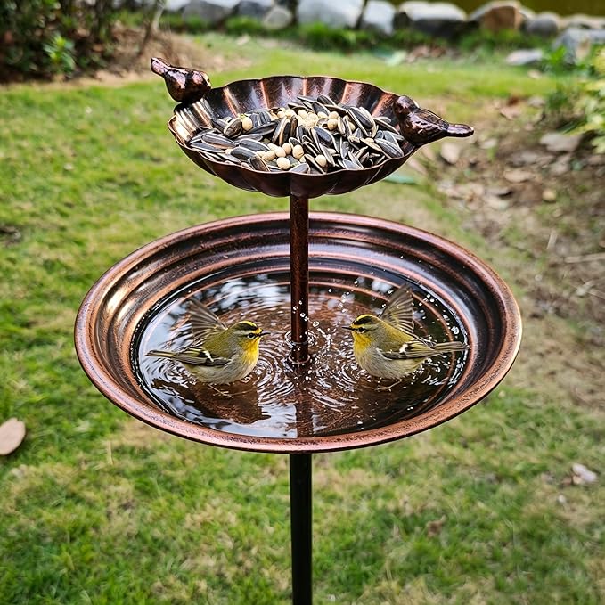 JOYBEE 38In Metal Double Bird Bathtub Stake for Outside, Vintage Freestanding Birdbaths, Bird Baths Feeder Bowl for Outdoors Garden Patio Yard Lawn Decor, Upgraded 5-Pronged Base (Brown