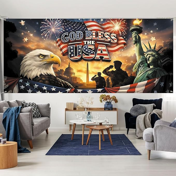 7 * 16FT Eagle flag God Bless The USA Garage Door Cover Decorations Independence Day Garage Door Banner for Outdoor Indoor Patriot Party Photography Backdrop