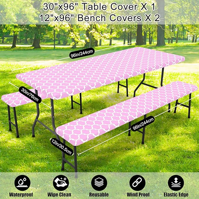 Smiry Picnic Table Cover with Bench Covers, Waterproof Elastic Fitted Tablecloth for 8 Foot Tables, Washable Polyester Tablecloths for Camping, Indoor & Outdoor (Pink, 30x96 Inch 3-pc Set)