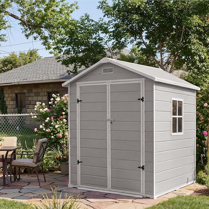 Resin Outdoor Storage Sheds 4x6 ft, Upgraded Double-Wall Outdoor Plastic Shed with Window & Double Doors, Waterproof Lockable Garden Shed (Light Gray, 6 X 4 ft)