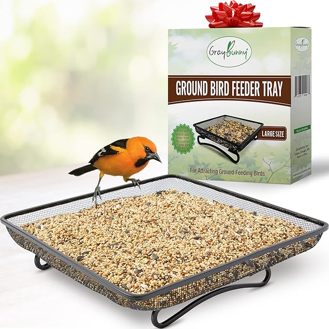 Ground Bird Feeder Tray for Outdoors (Metal) | Platform Mesh Seed Tray, Weather Resistant Backyard Bird Feeder, Garden Yard Decoration for Wild Birds, Squirrels, Dove, Cardinal, Blue Jay (11x11 in)
