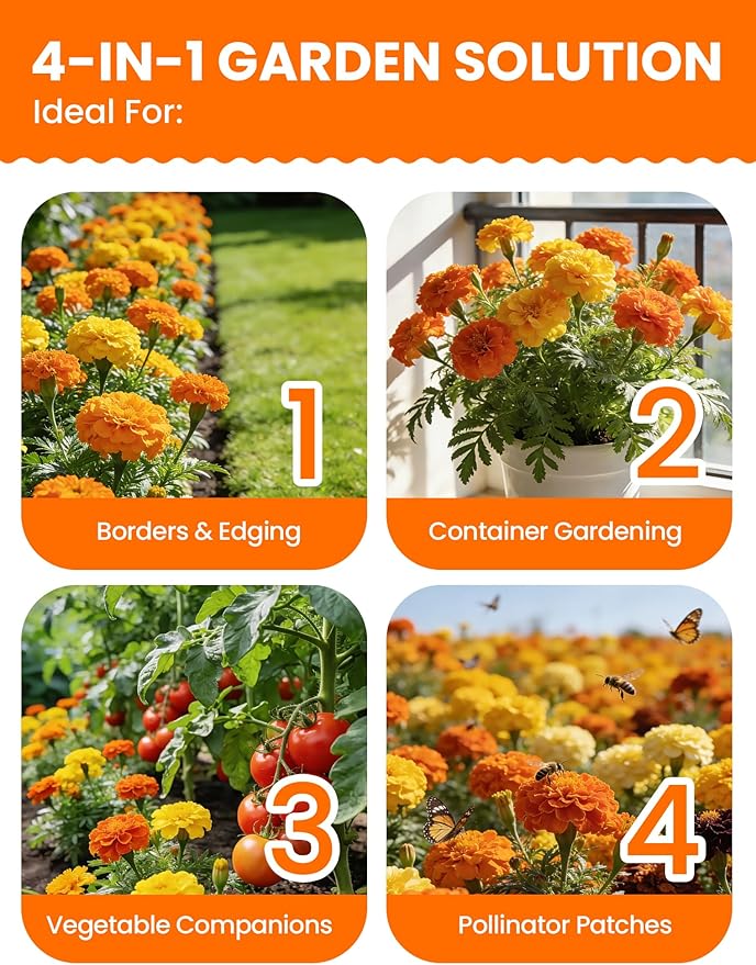 Tri-Color Marigold Seeds Bulk - 60,000+ Heirloom Flower Seeds for Planting Outdoors, Dwarf French Marigolds, Non-GMO Pollinator Magnet with High Germination, Quick Blooming