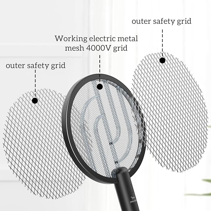 Electric Fly Swatter PALONE, 4000V Dual Modes Bug Zapper Racket, Mosquito Killer with Type-C Charging Dock, Insect Zapper with 3-Layer Safety Mesh Electric Fly Swatter for Indoor/Outdoor, Black 2 Pcs