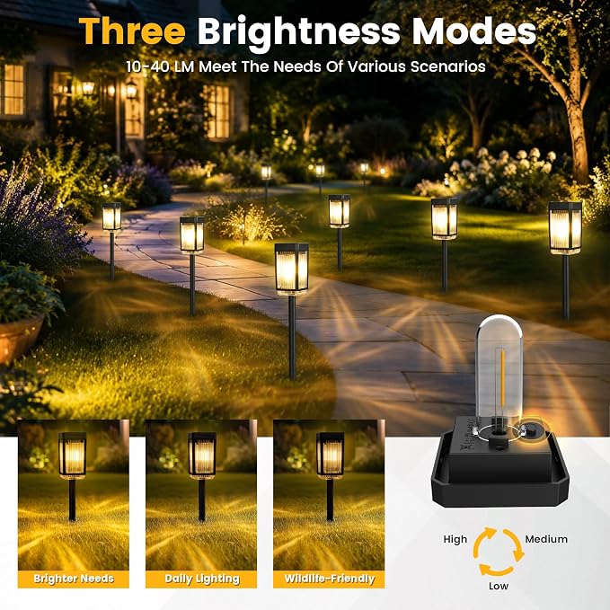 Solar Pathway Lights, 8 Pack Solar Powered Garden Lights Waterproof IP65, 3 Brightness Modes 10-40 LM Outdoor Light for Lawn Patio Walkway Driveway Decor Landscape Lighting (Warm White)