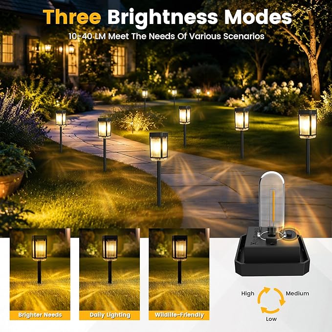 Solar Pathway Lights, 12 Pack Solar Powered Garden Lights Waterproof IP65, 3 Brightness Modes 10-40 LM Outdoor Light for Lawn Patio Walkway Driveway Decor Landscape Lighting (Warm White)