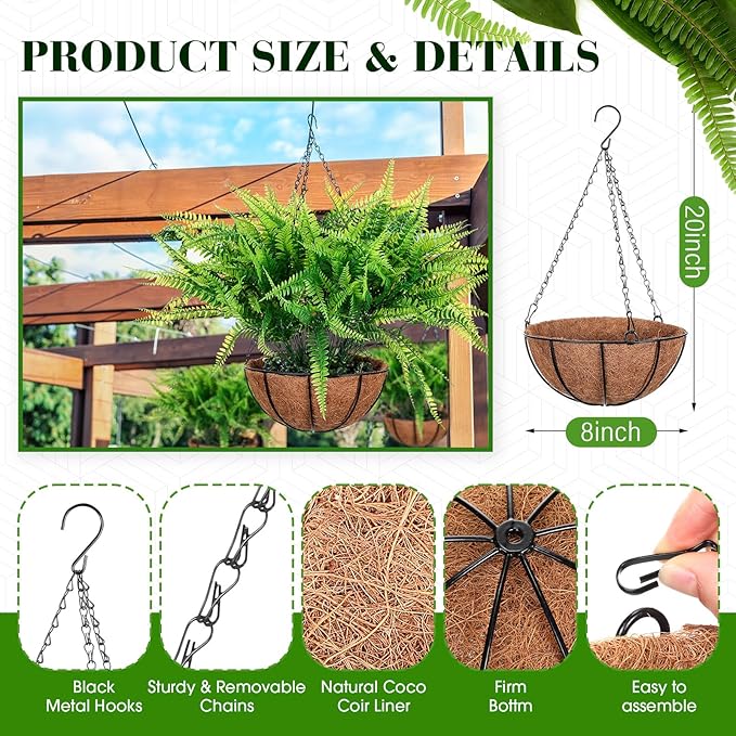 Giegxin 4 Pack Artificial Flowers Outdoor Small Fake Fern Plants 4 Hanging Basket Planters with 30 Pcs Fern Faux UV Resistant Plastic Plants for Front Porch Living Room Garden Decor