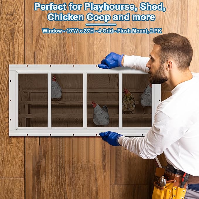 2 Pack Shed Window 10" W x23 H, White Flush Mount Window with Tempered Glass for Playhouses, Sheds, Garage and Chicken Coops