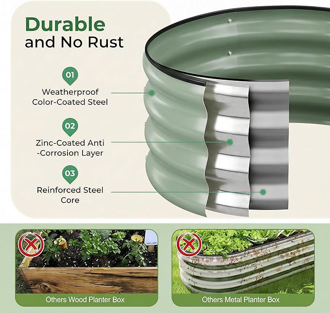 SPONVATT 2Pcs Round Galvanized Raised Garden Bed Kit 24 x 12 Inch Metal Planter Box Outdoor with Safety Rubber Edge Trim Rust Proof Weather Resistant Circular Steel Garden Beds Sage Green 12 Inch Deep