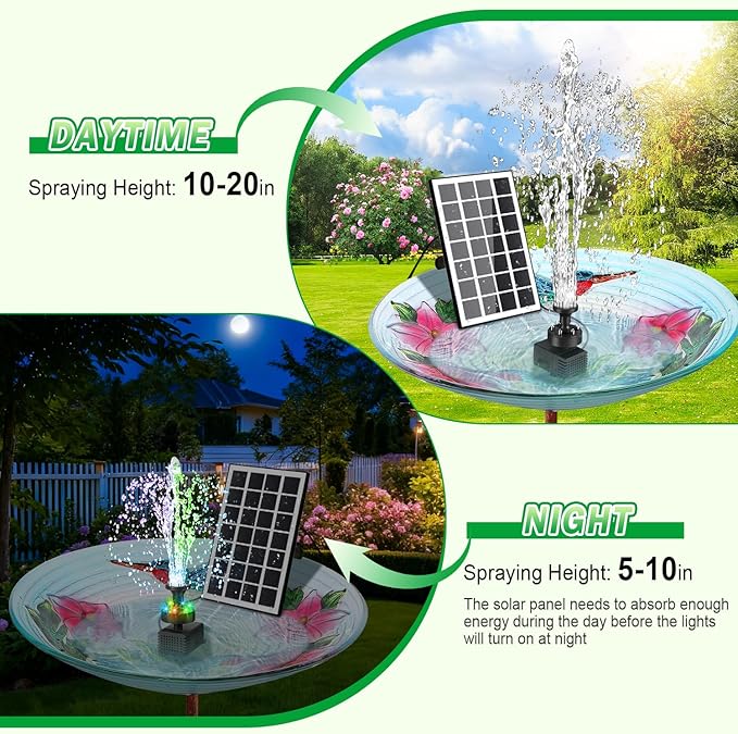 Jutai Solar Fountain Kit Colorful Lights,3.5W Glass Panel Solar Water Pump with 2000mAH Battery, Sucker & Stake for Bird Bath, Garden, Outdoor, Water Feature-16.4ft Power Cord,7 Nozzles