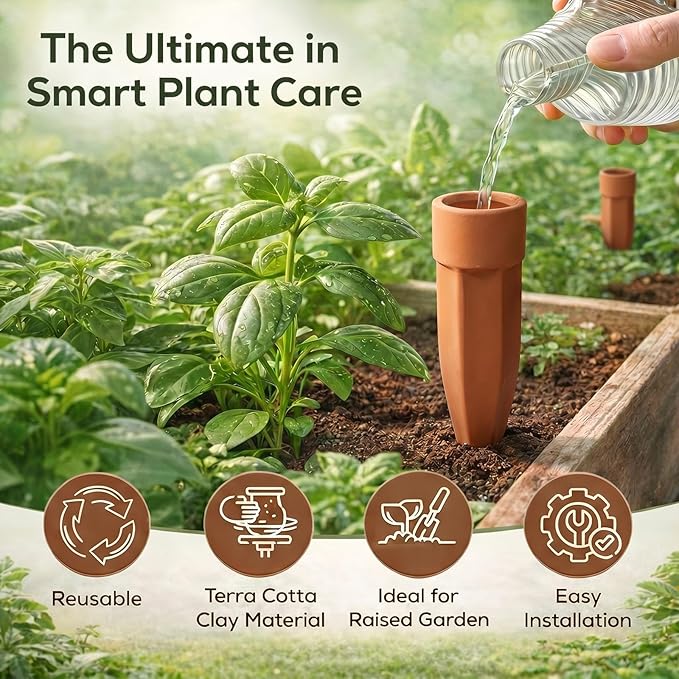 Honeydak 6pcs Large Terracotta Watering Spikes with Lids 7'' Automatic Plant Waterer Self Watering Stake Planter Insert Slow Release Device for Bottles 8-12'' Pot Plants Indoor Outdoor Garden Vacation