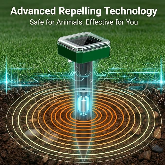 4 Packs Solar Mole Repellent, 2026 Upgraded Ultrasonic Gopher Deterrent Stakes, IP65 Waterproof Sonic Vole Groundhog Snake Control for Lawn Garden Yard Farm