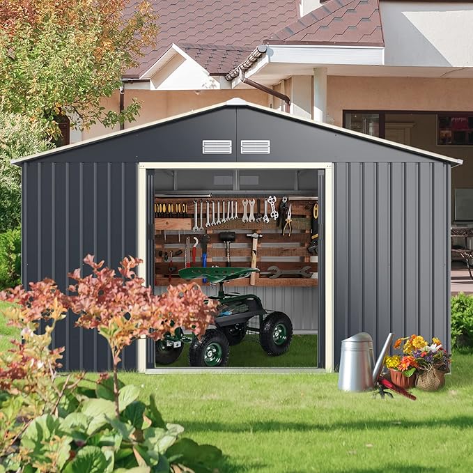 Goplus Outdoor Storage Shed, 11' X 10' Metal Garden Shed with 4 Vents & Double Sliding Door, Utility Tool Shed Storage House for Backyard, Patio, Lawn