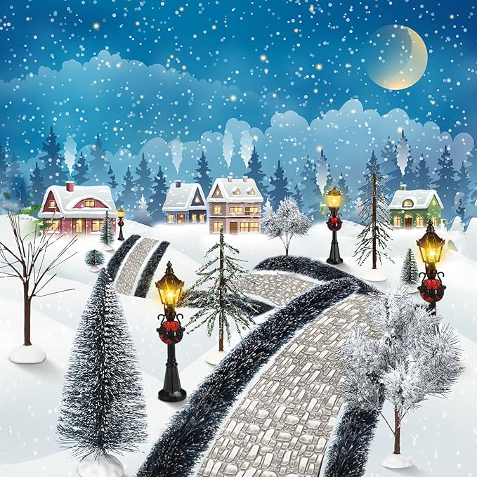 Hotop 18pc Christmas Village Accessories 47.2 Inch Village Roads Mini Snowy Trees Streets Light Lamppost Hedge Figurines Set for Display Winter Holiday Decorations DIY Crafts No Batteries(Trendy)