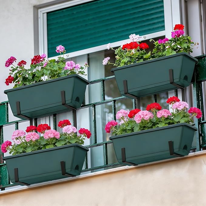 Deck Railing Planter Boxes 2 Tier Green Outdoor Hanging Planters Set of 2 with 4 Pack Flower Boxes 16.9 Inch Window Boxes Planters with Adjustable Brackets Balcony Planters for Garden Porch Patio