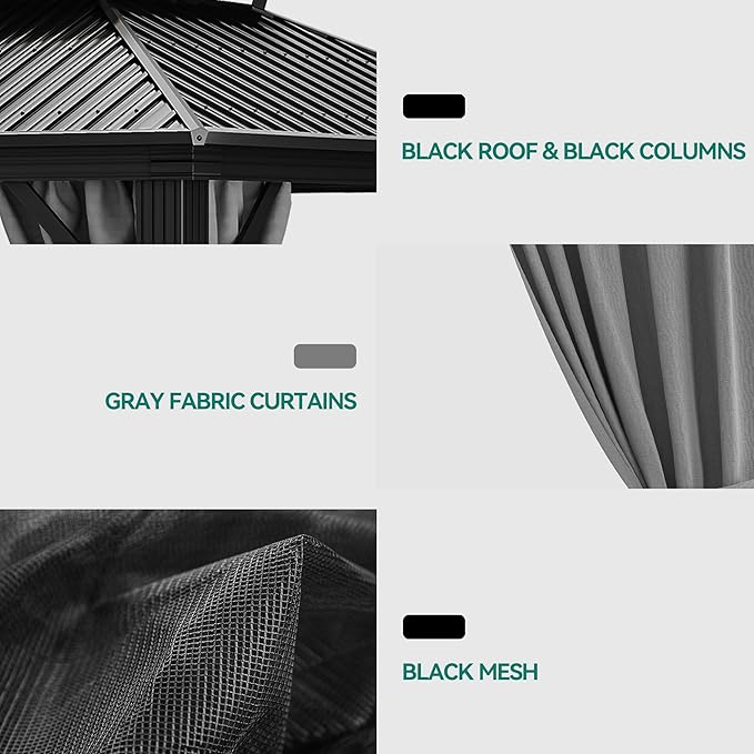 YITAHOME 10x12ft Hardtop Gazebo with Nettings and Curtains, Heavy Duty Double Roof Galvanized Steel Outdoor Combined of Vertical Stripes Roof for Patio, Backyard, Deck, Lawns, Gray