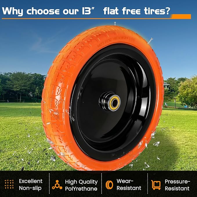 13" Flat Free Wheels Replacement for GOR Garden Cart Tires, 4.00-6 Solid Tires with 5/8"Bearings, 13" No Flat Wheels for GOR Garden Carts/Hand Trucks/Garden Carts（Orange）