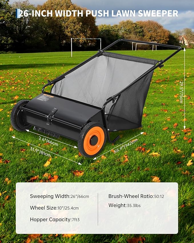 26-Inch Push Lawn Sweeper, 7 Cu. Ft. Hopper Leaf & Grass Collector, 4 Spinning Brushes, Adjustable Brush Height, Manual Yard Sweeper for Grass Clippings, Leaves & Light Debris, Black
