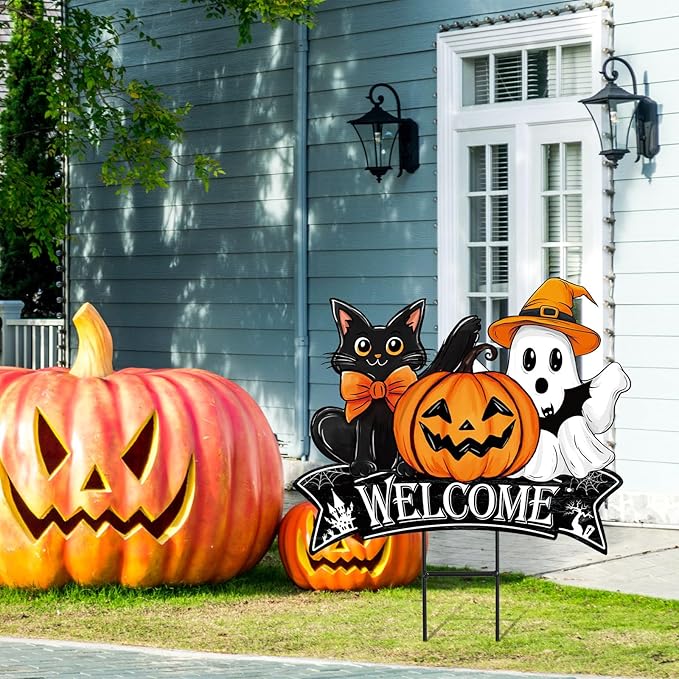 JarThenaAMCS Vintage Halloween Metal Garden Stake Pumpkin Ghost Black Cat Decorative Lawn Sign Welcome Yard Sign for Trick or Treat Party Home Outside Lawn Porch Decor