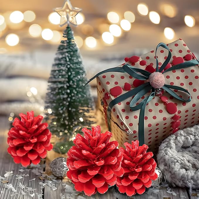 Red Painted Austriaca Pine Cones for Crafts - 2-3 Inch Metallic Pinecones for Christmas Decorating Ornaments Holiday Decor Vase Filler - Rustic Dried Pine Cones - Set of 24 - Red Painted