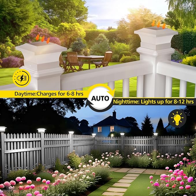 T-SUN Solar Post Cap Lights, Waterproof Outdoor Solar Powered Deck Fence Post Lights for 4 X 4 Wooden/Vinyl Posts, 6000K Cool White Lighting Decor for Deck, Patio, Garden, Porch, Fence(White - 6 Pack)