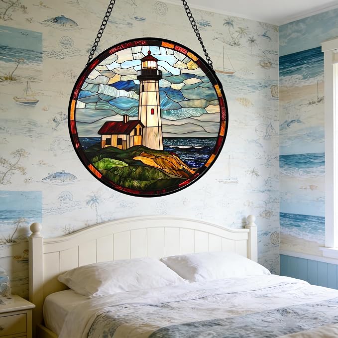 DASTOLL Stained Glass Window Hanging, Ocean Lighthouse Sun Catchers Glass Panel Blue Green Suncatcher Decor for Birthday for Women, Men, Wife, Aunt, and Mom 6.3 in