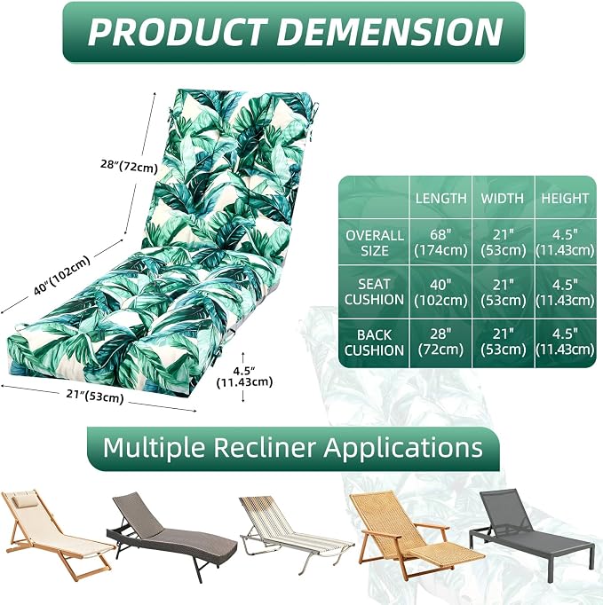 Patio Chaise Lounge Cushions, 68"x21"x4.5" Waterproof Replacement Beach Pool Lawn Outdoor Lounge Chair Cushion with Pocket, Non-Slip Bottom & Secure Ties for Outdoor Furniture, Tequila