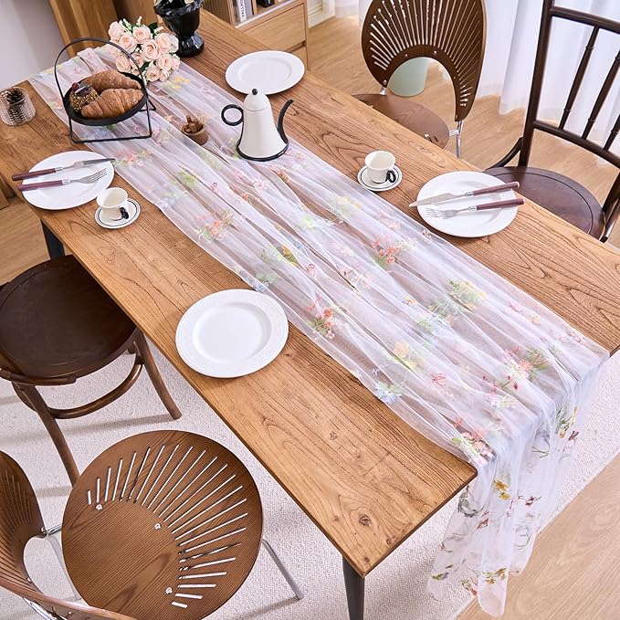 vctops 2 Packs Embroidery Lace Spring Table Runner 10ft Floral Garden Seasonal Tulle Table Runner Holiday Kitchen Dining Table Decoration for Wedding Party Baby Shower Birthday (White,30"x120")