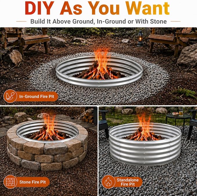 60 Inch Extra Large Fire Pit Ring for Outside, Heavy-Duty Wood Burning Fire Pit Insert for Backyard Bonfires, 12" Tall Galvanized Steel Fire Bowl for Patio, Camping & Outdoor Fireplace